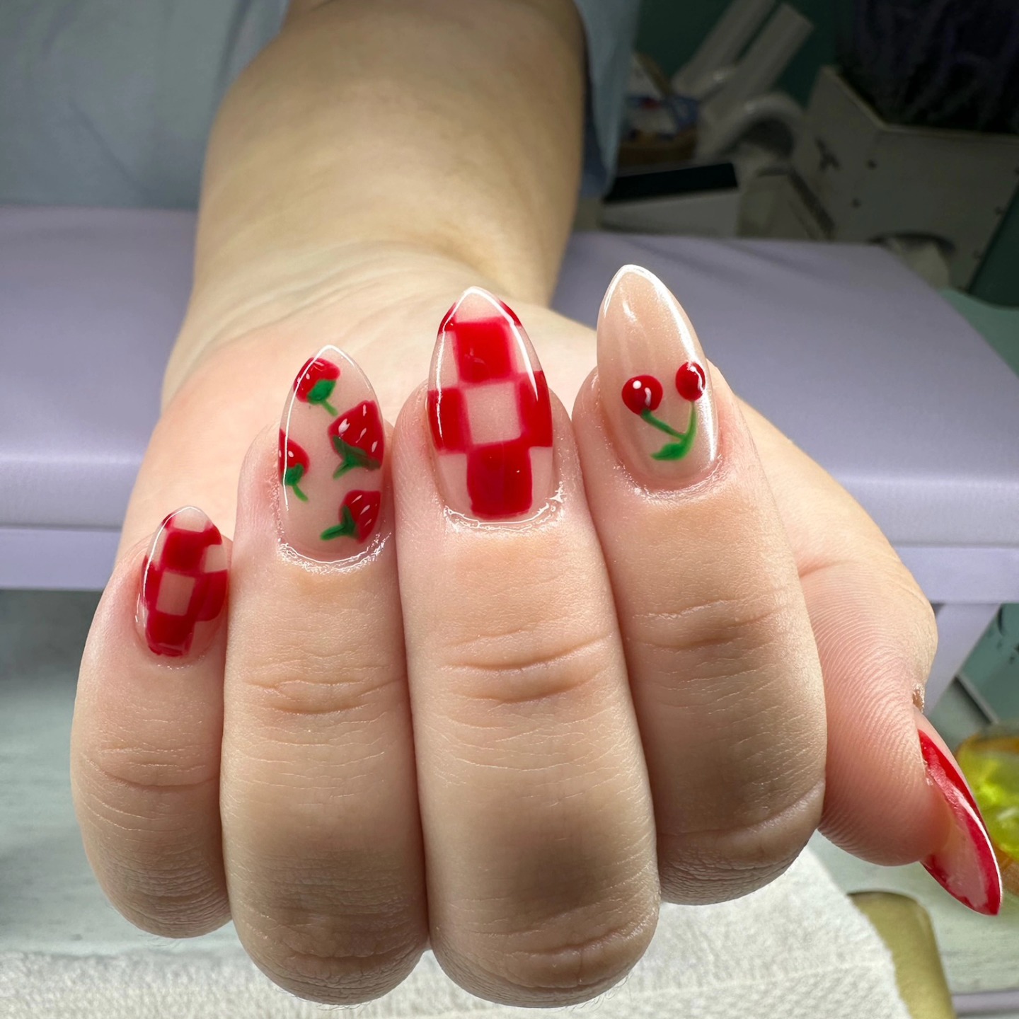 Red checkered cherry acrylic nails