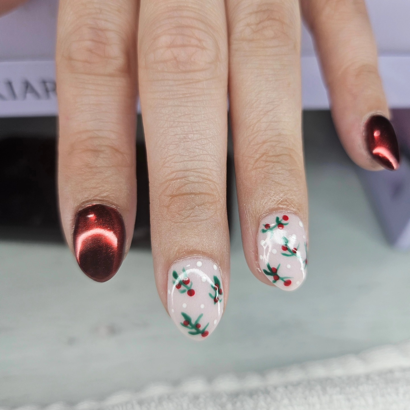Deep red metallic with hand-painted cherry design
