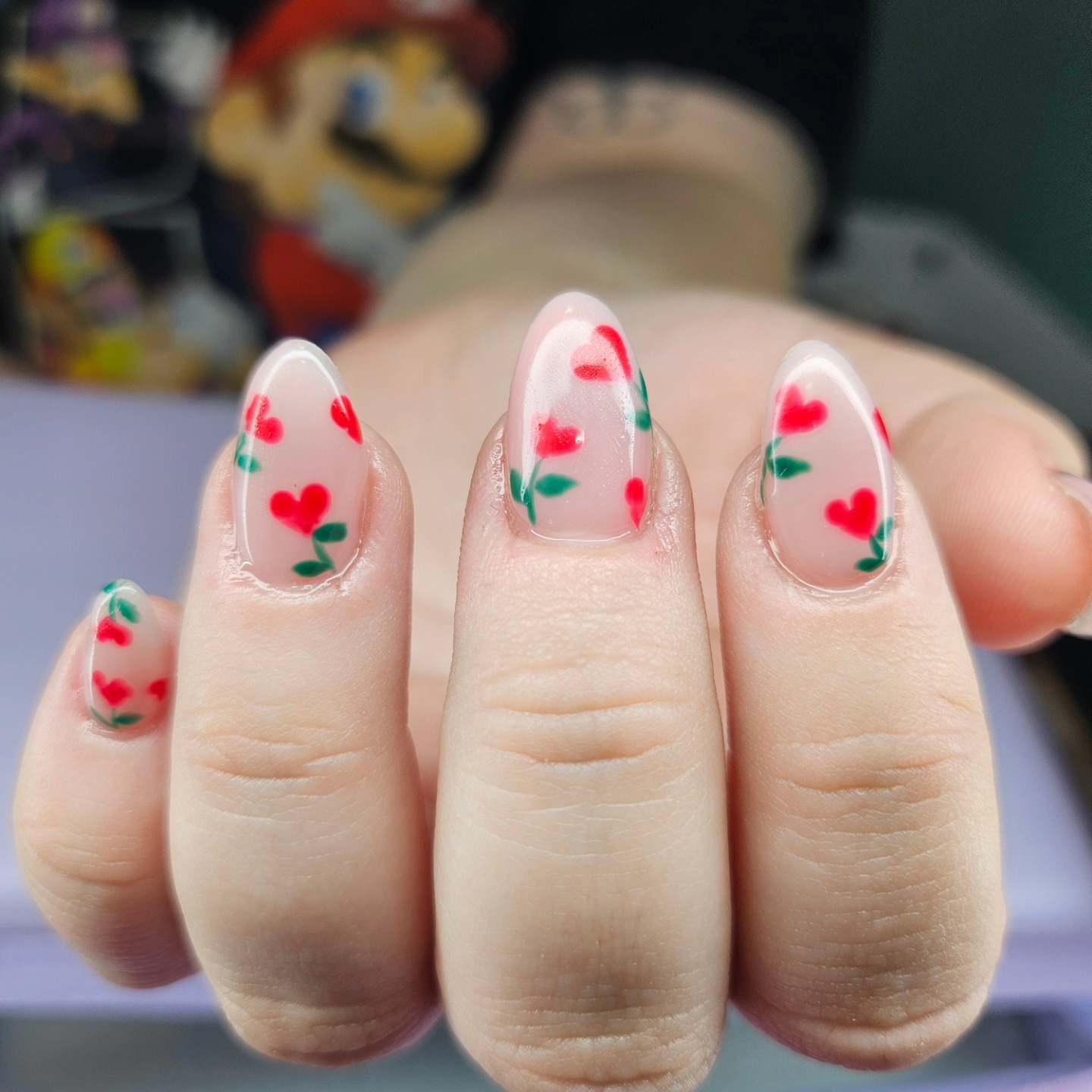 Red heart flower Valentine nails