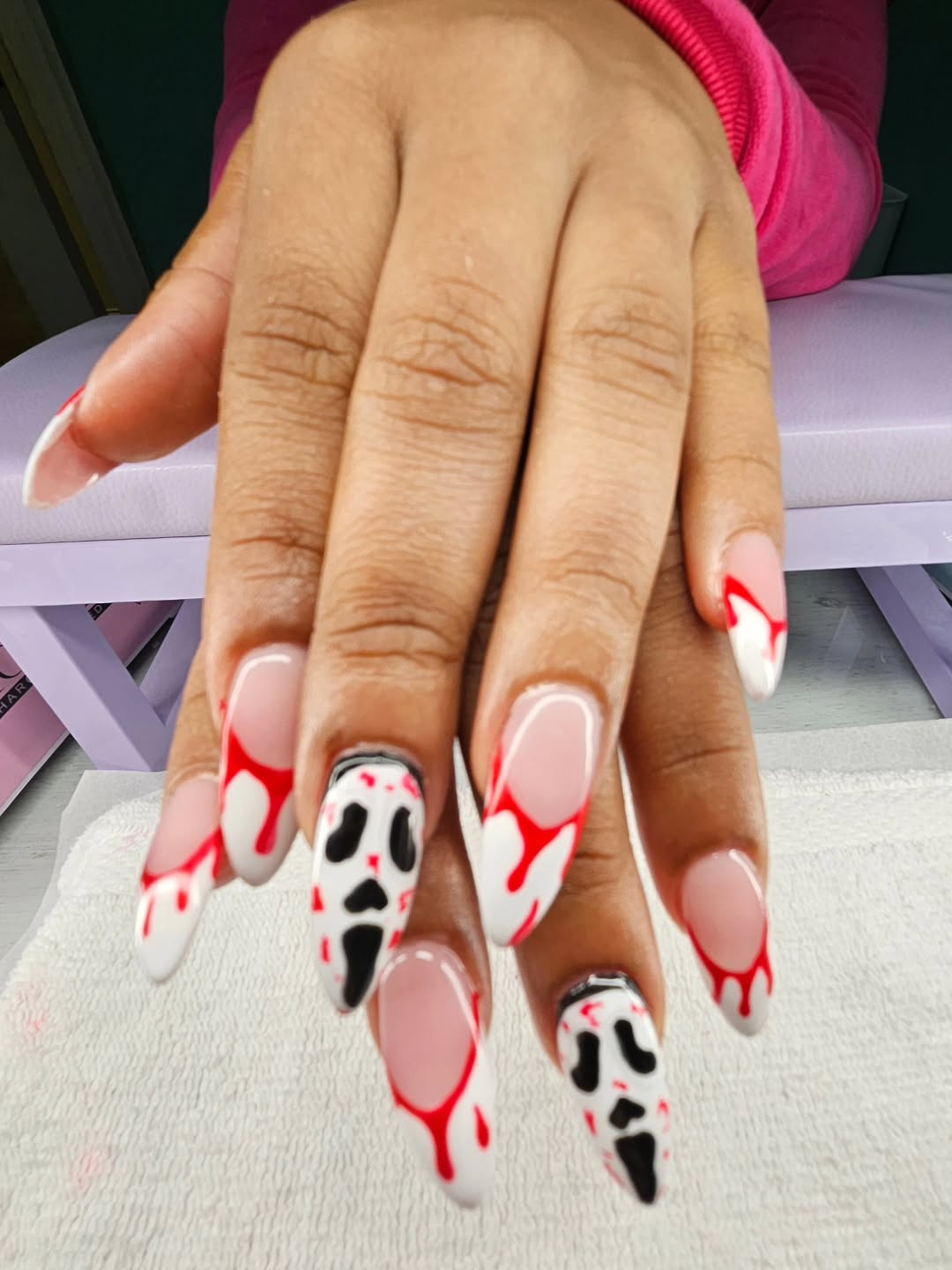 Halloween white and red blood drip nails